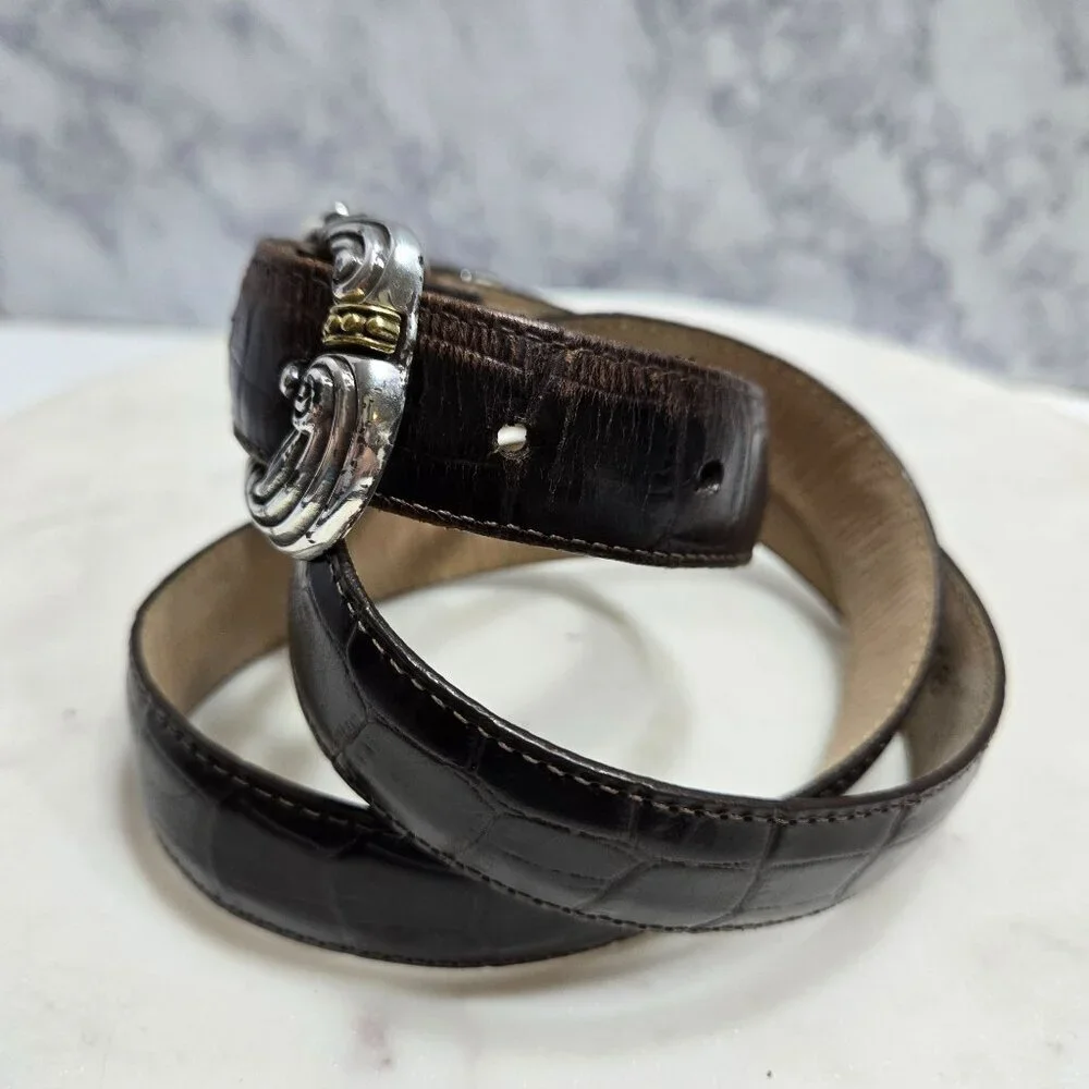 Brighton Belt Womens Large 34 Brown Leather Silver‎ Gold Tone Western Buckle